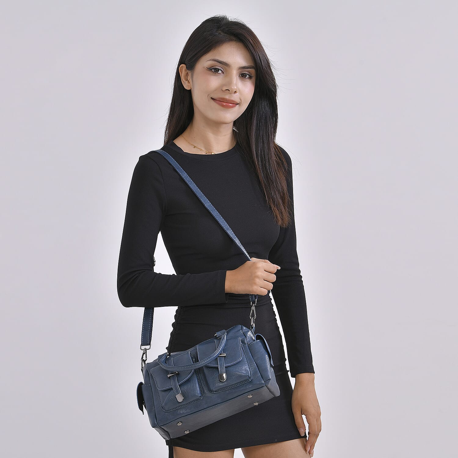 Leatherette Crossbody Bag with Handle Drop - Blue