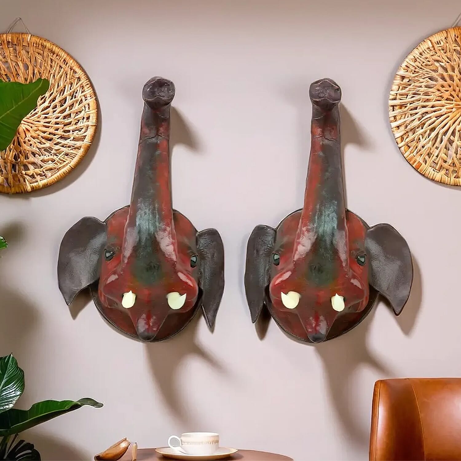 Boutique Collection - Set of 2 Genuine Leather Home Decor Elephant Wall Hangings