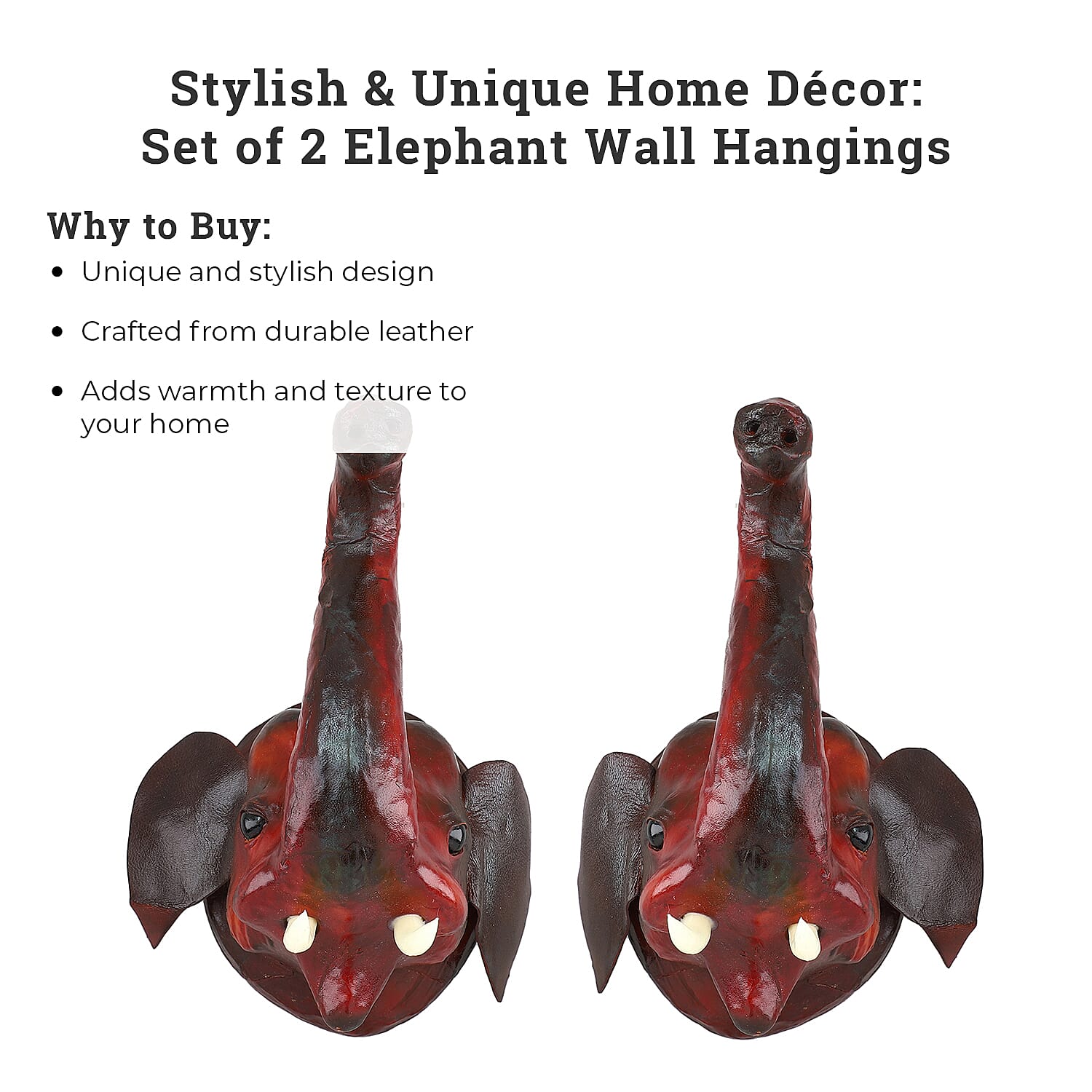 Boutique Collection - Set of 2 Genuine Leather Home Decor Elephant Wall Hangings