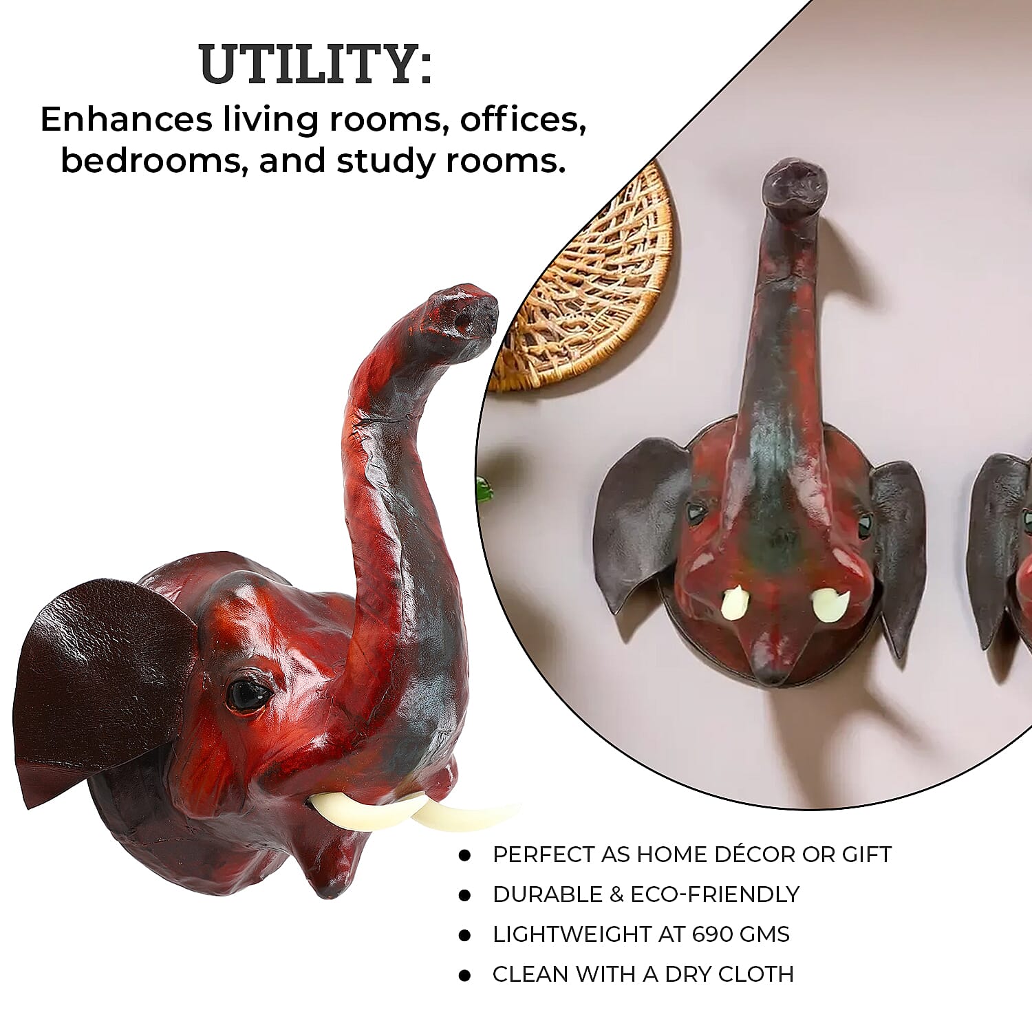 Boutique Collection - Set of 2 Genuine Leather Home Decor Elephant Wall Hangings