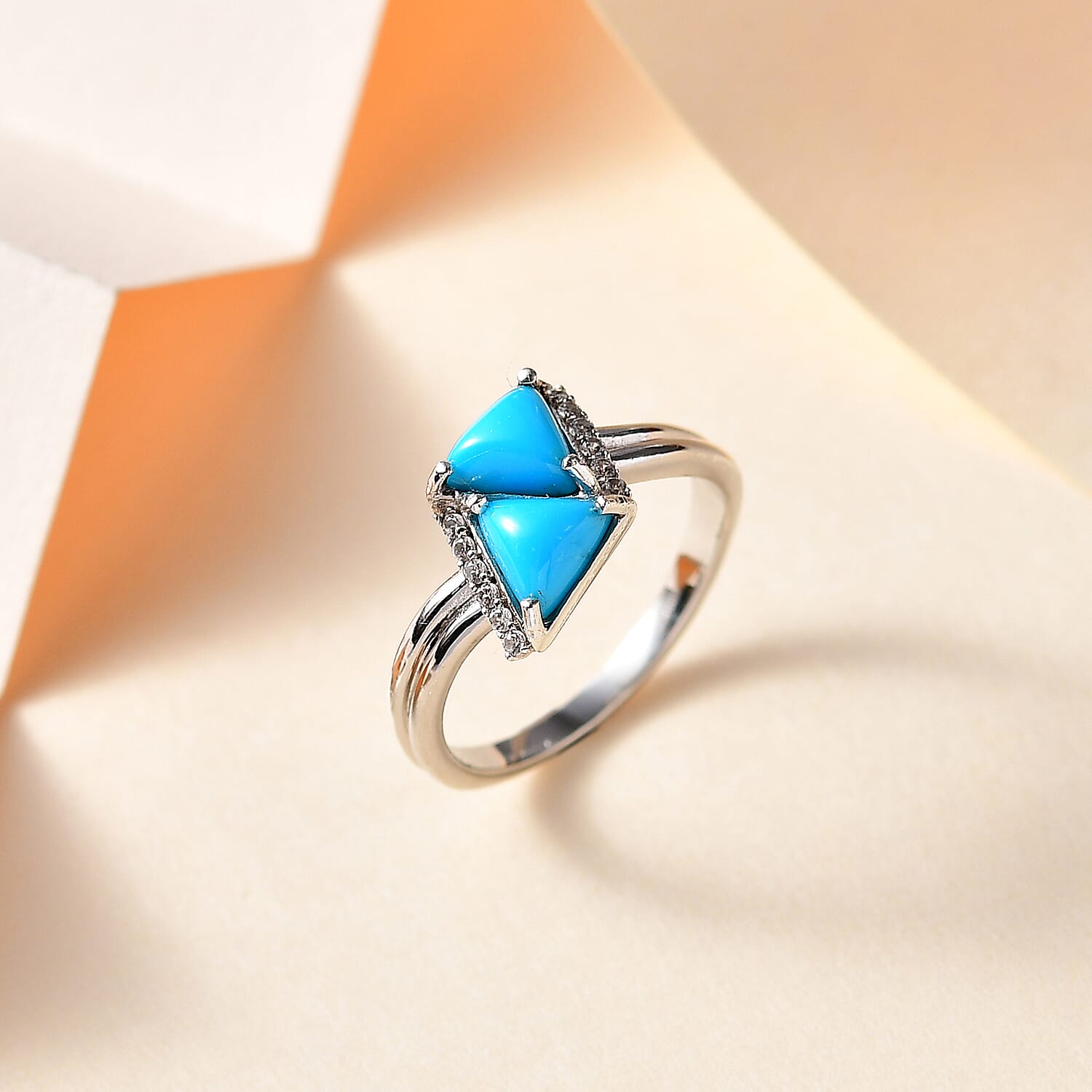 Arizona Sleeping Beauty Turquoise & Natural Zircon Traiangle Ring in Platinum Overlay Sterling Silver 1.17 Ct.