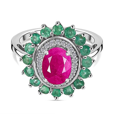 Natural John Saul Ruby, Moissanite & Zambian Emerald Floral Ring in Platinum Overlay Sterling Silver 2.54 Ct