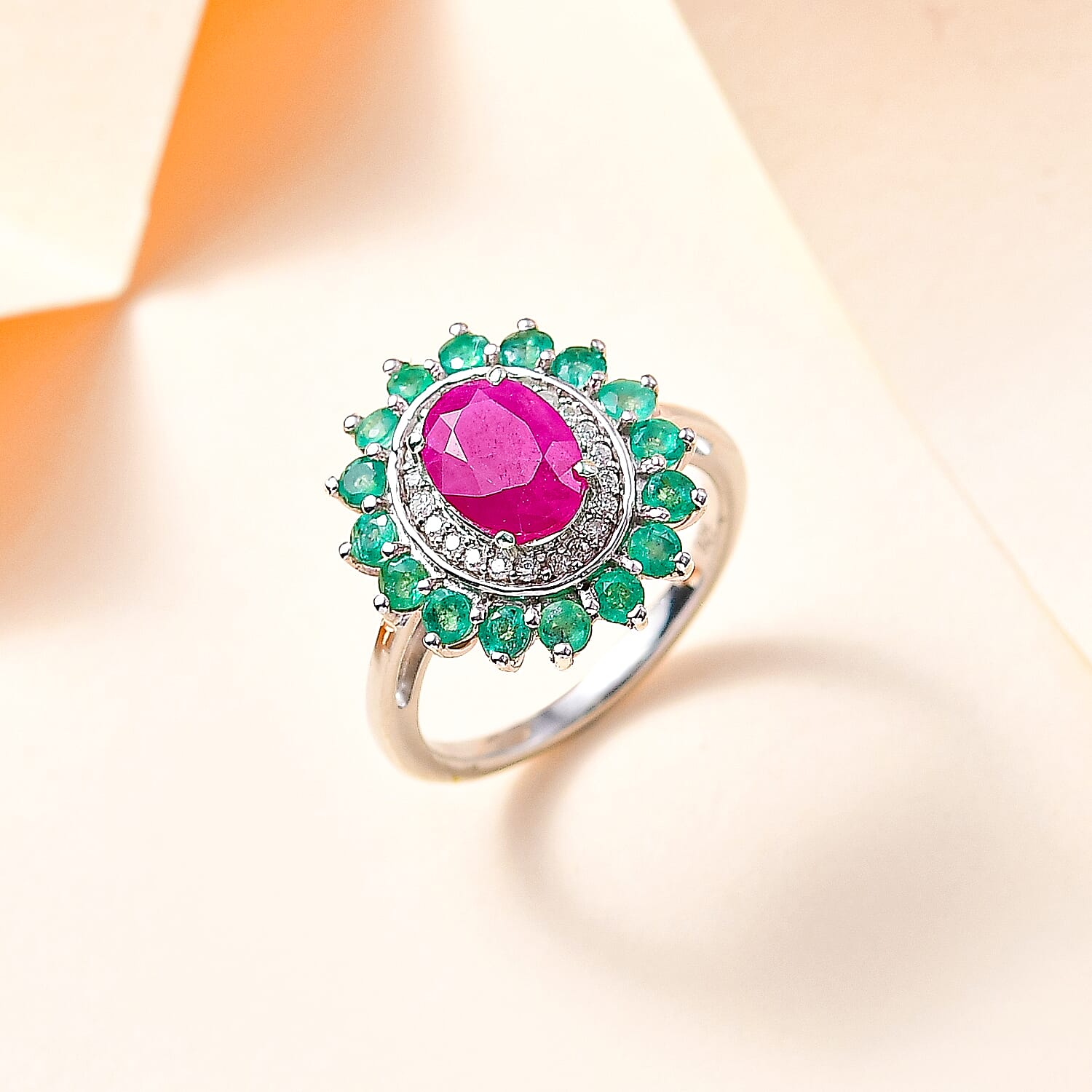 Natural John Saul Ruby, Moissanite & Zambian Emerald Floral Ring in Platinum Overlay Sterling Silver 2.54 Ct