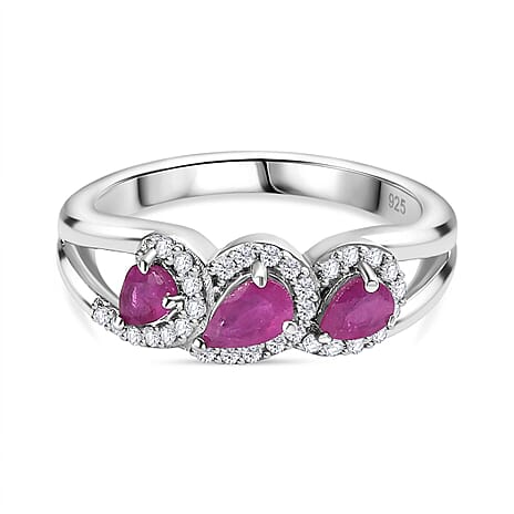Natural John Saul Ruby & Natural Zircon Ring in Platinum Overlay Sterling Silver