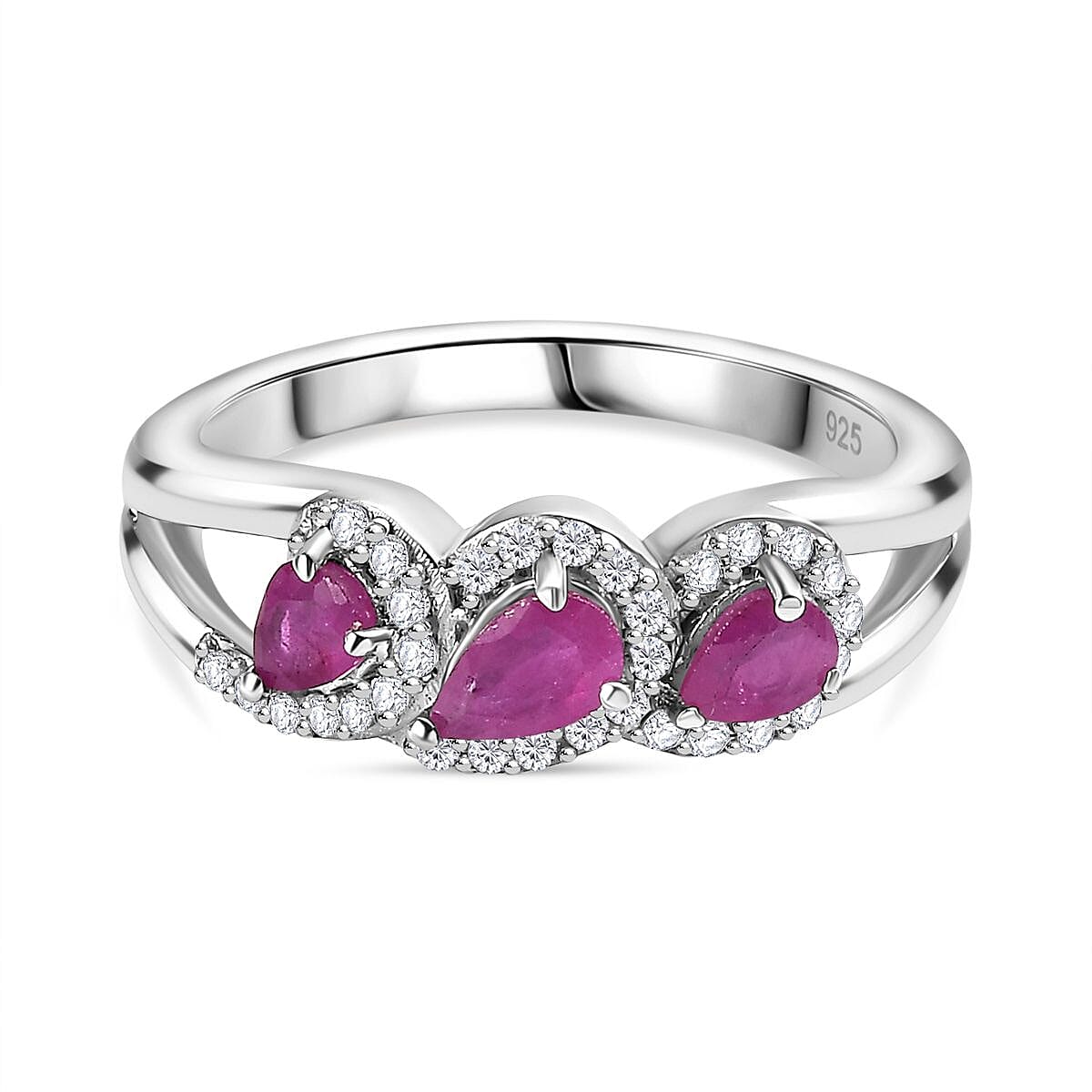 Natural John Saul Ruby and Natural Zircon Halo Ring in Platinum Overlay Sterling Silver