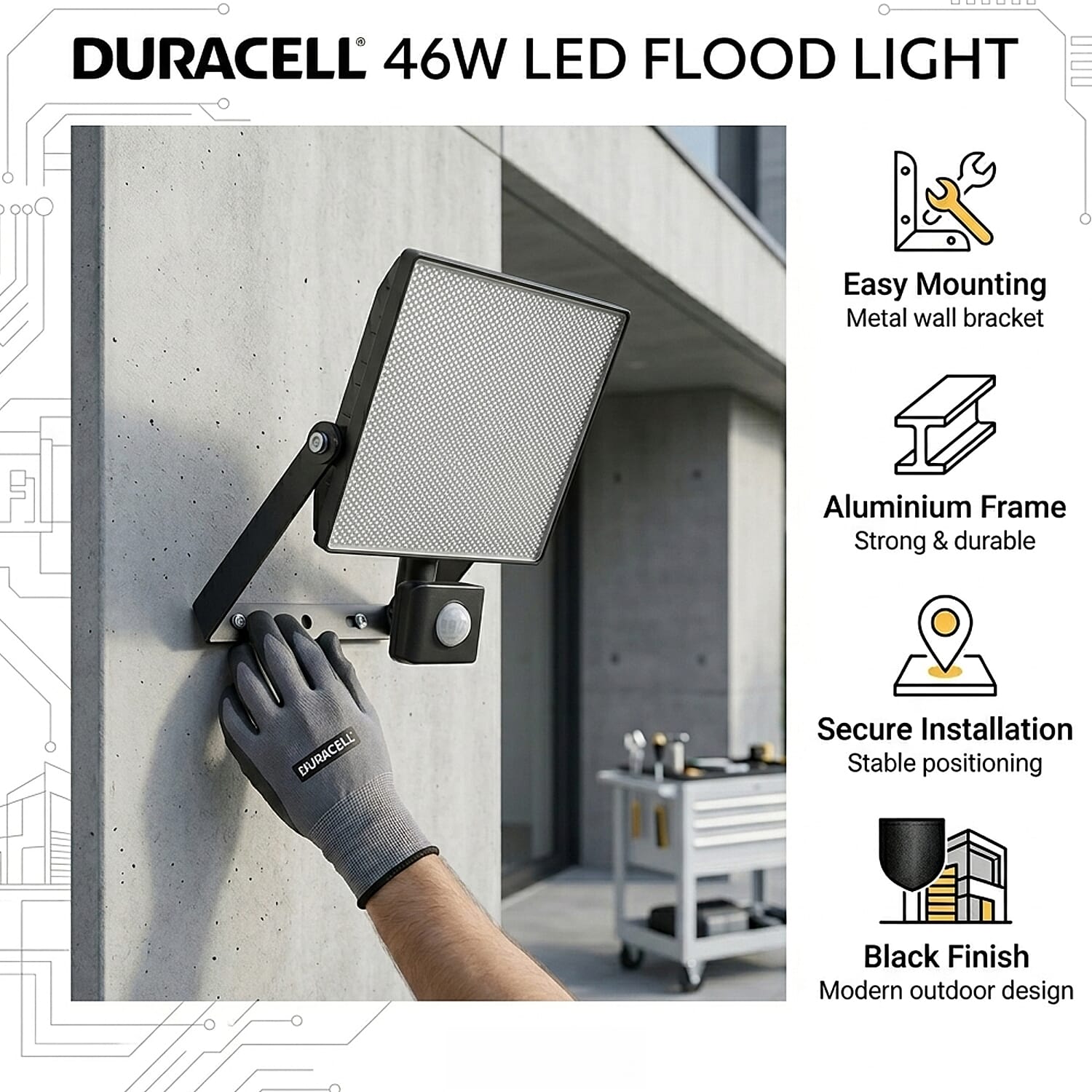 Flood Light-Duracel - High Quality Long Lasting LED 4000 Lumen (46W ) - Black