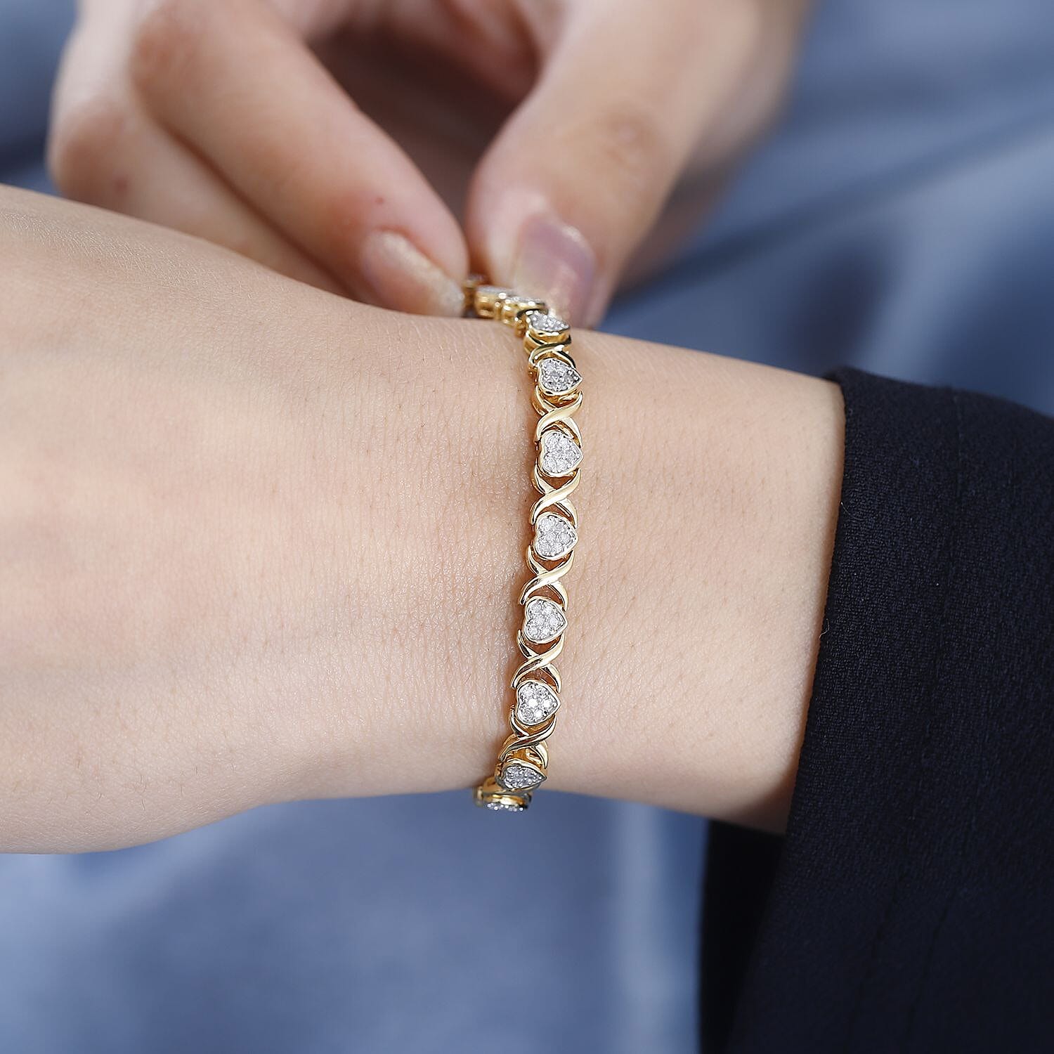 White Diamond Cluster Bracelet (Size - 7.5) in Vermeil YG Sterling Silver 1.00 Ct,  Silver Wt. 10 Gms