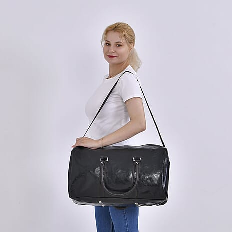 Designer Inspired Travel Duffle Bag with Shoulder Strap - Black