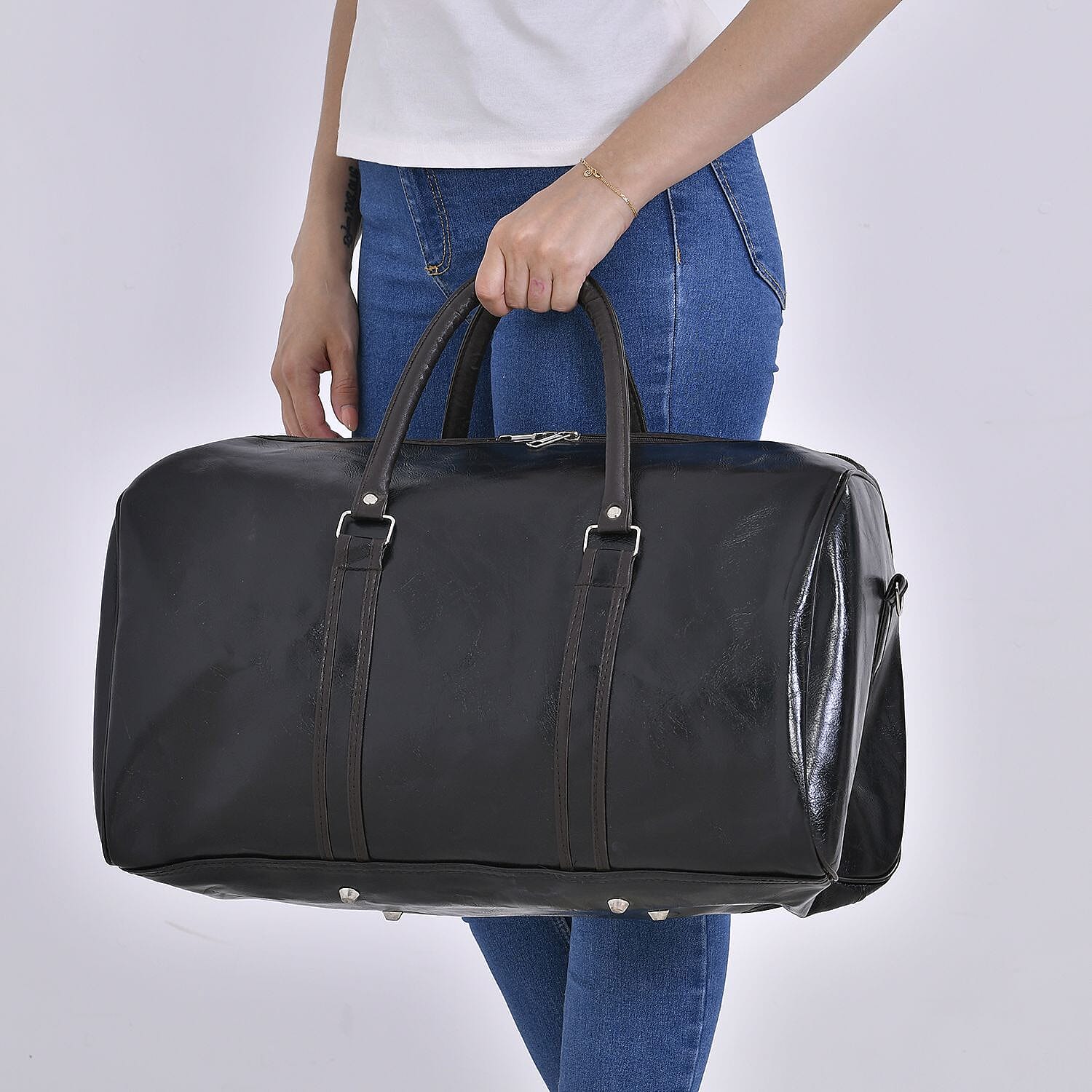 Designer Inspired Travel Duffle Bag with Shoulder Strap - Black
