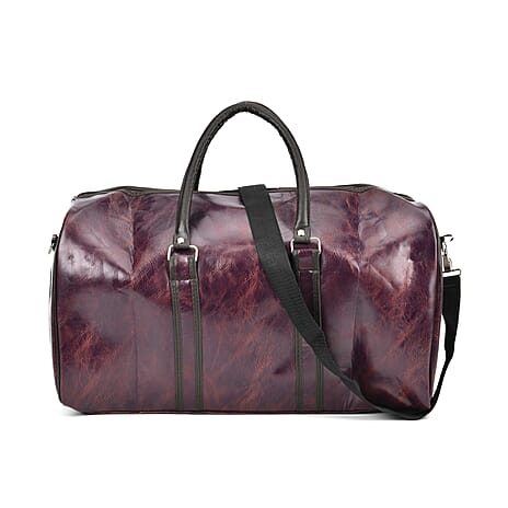 Designer Inspired Travel Duffle Bag with Shoulder Strap - Burgundy
