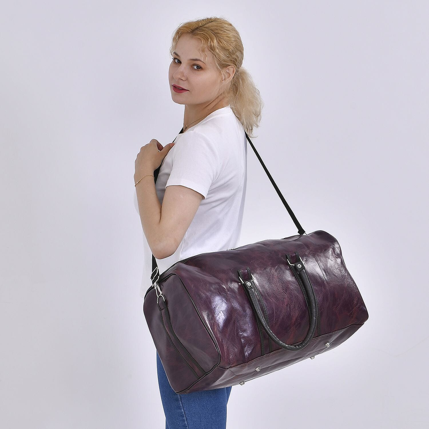 Designer Inspired Travel Duffle Bag with Shoulder Strap - Burgundy