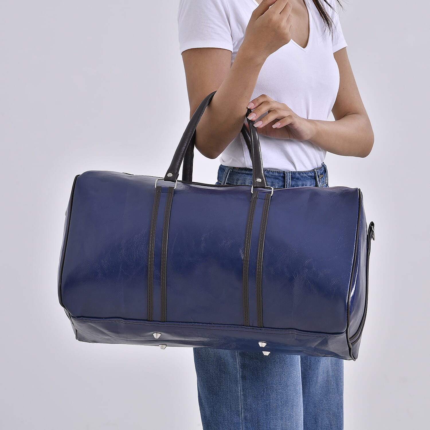 Designer Inspired Travel Duffle Bag with Shoulder Strap - Navy