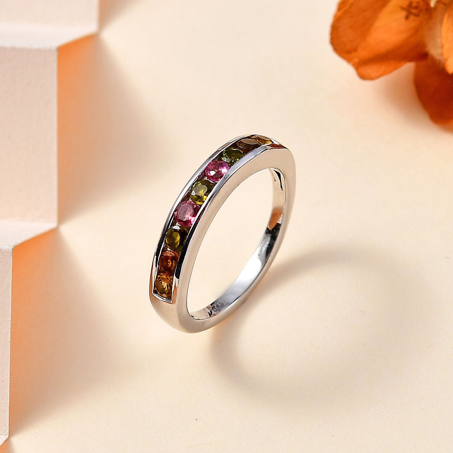 Multi-Tourmaline Stackable Ring in Platinum Overlay Sterling Silver