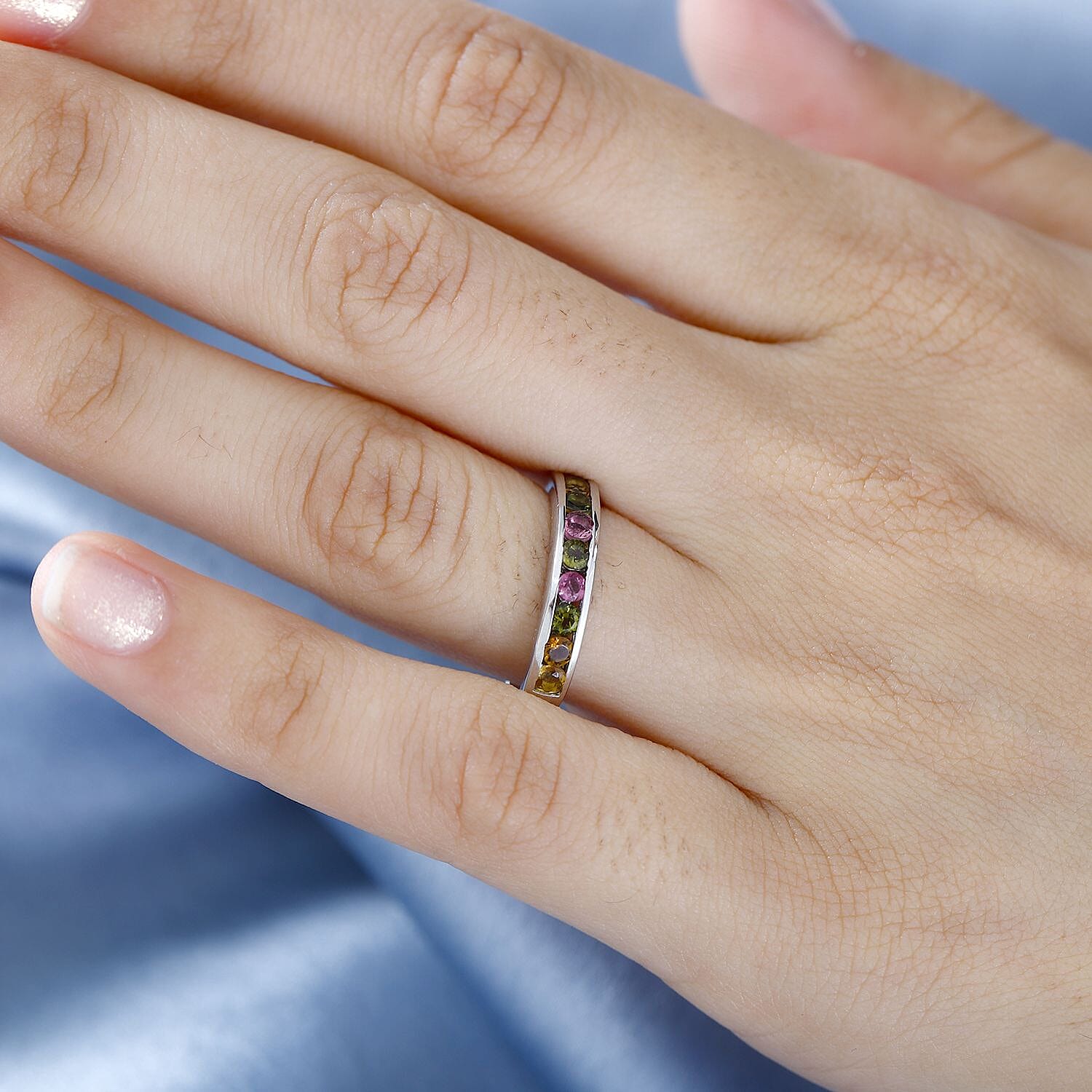 Multi-Tourmaline Stackable Ring in Platinum Overlay Sterling Silver