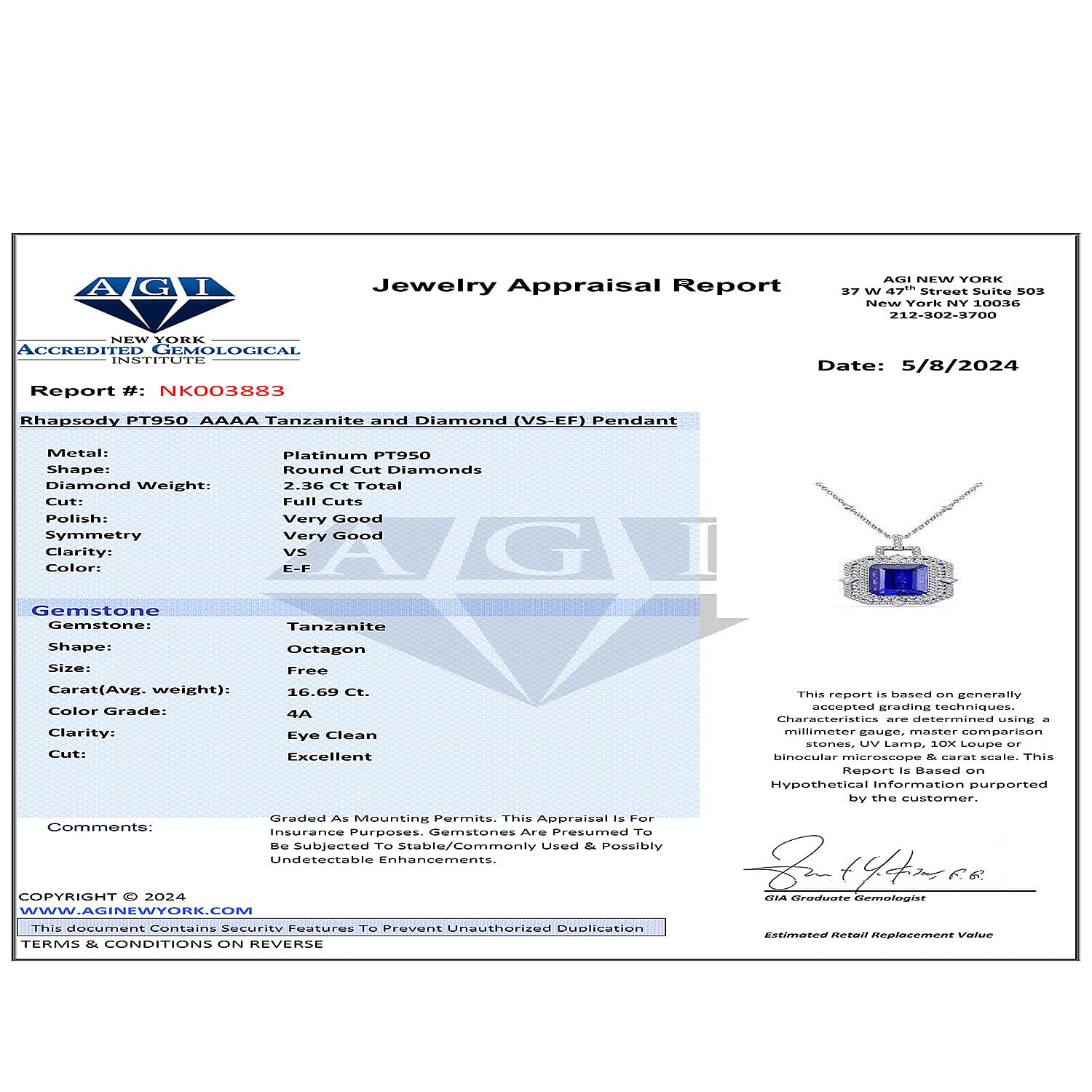 Certified and Appraised RHAPSODY 950 Platinum AAAA Tanzanite, Diamond Necklace 18 Inches, 20.05 Ct