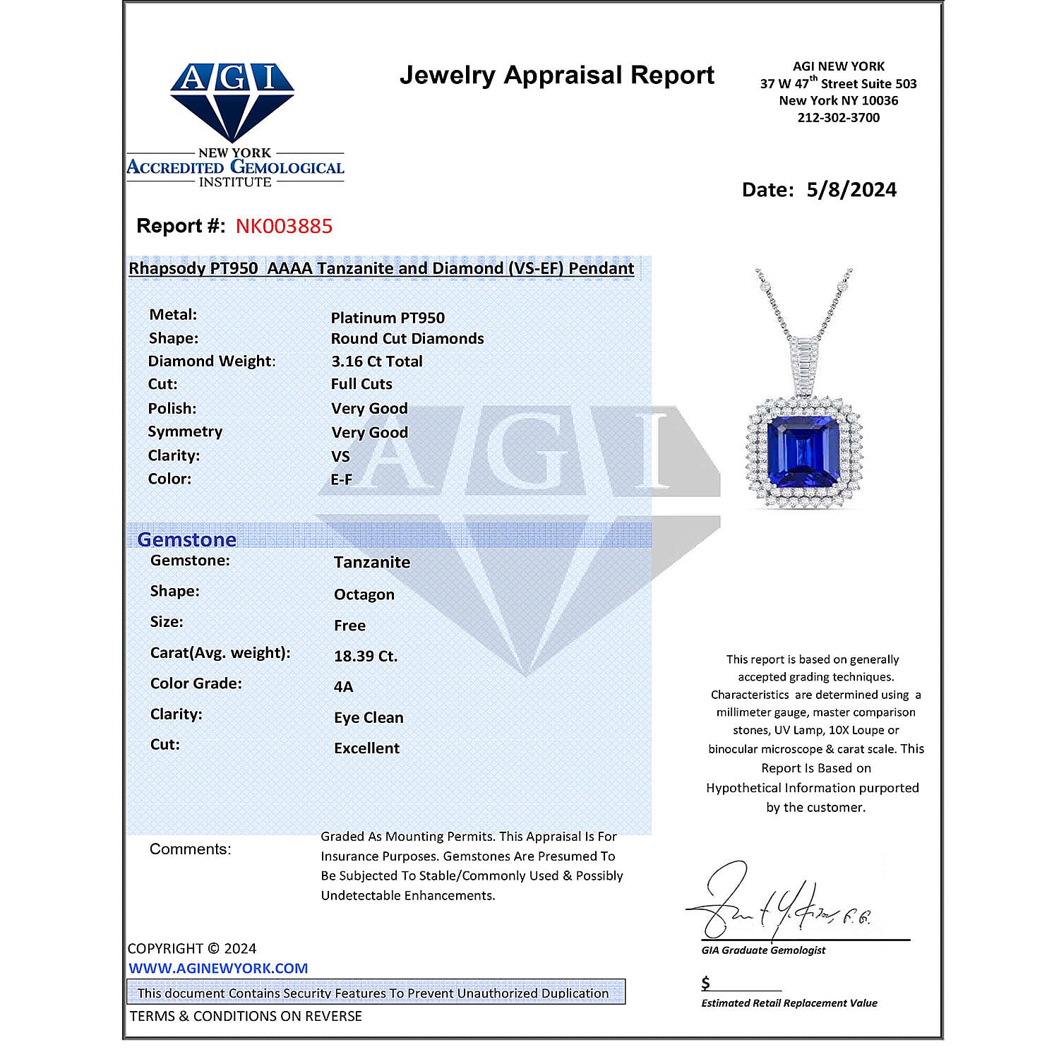 Certified and Appraised RHAPSODY 950 Platinum AAAA Tanzanite, Diamond Pendant Necklace 18 Inches