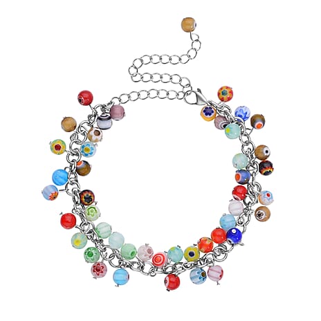 Multi Color Murano Glass Bracelet (Size - 7.5-4 Inch Ext) With Lobster Clasp in White Tone