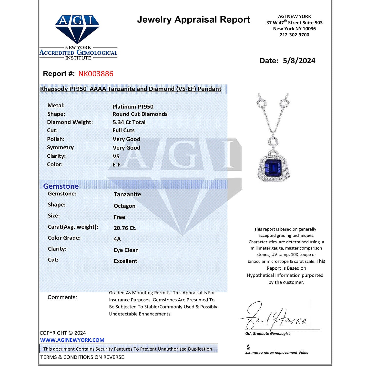 Certified and Appraised RHAPSODY 950 Platinum AAAA Tanzanite, Diamond Necklace 18 Inches 26.07 ct.