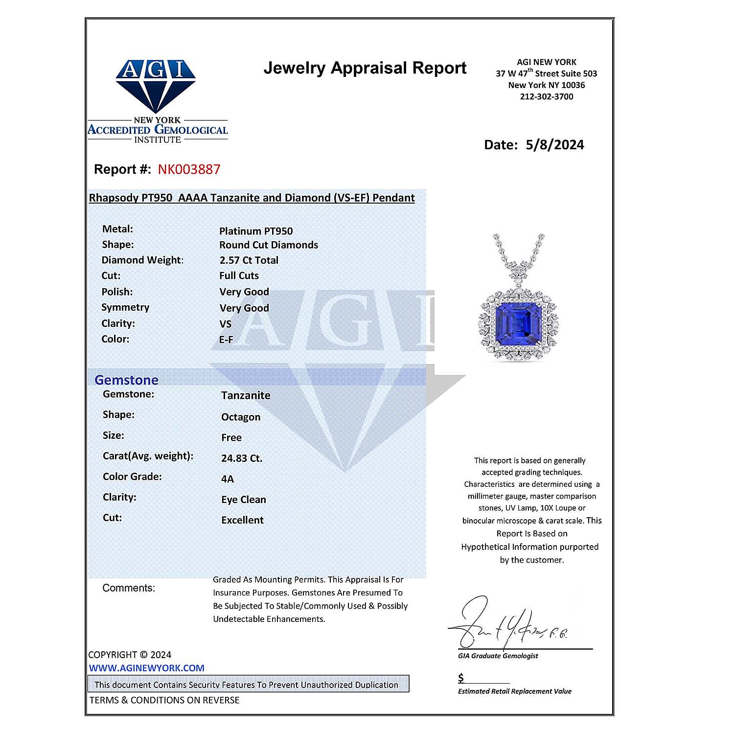 Certified and Appraised RHAPSODY 950 Platinum AAAA Tanzanite, Diamond Necklace 18 Inches 27.39 ct.