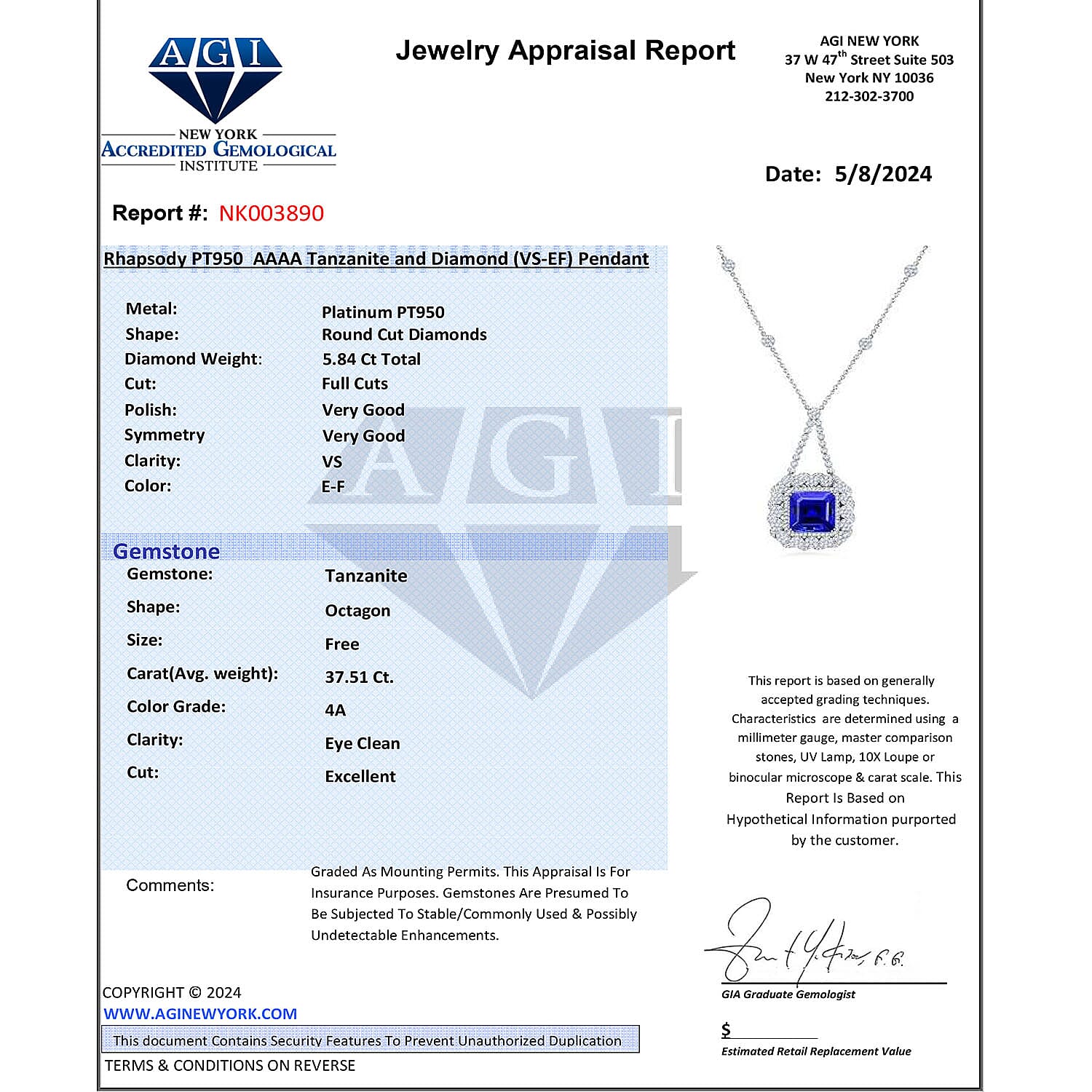 Certified and Appraised RHAPSODY 950 Platinum AAAA Tanzanite, White Diamond VS Pendant 43.35 Ct.