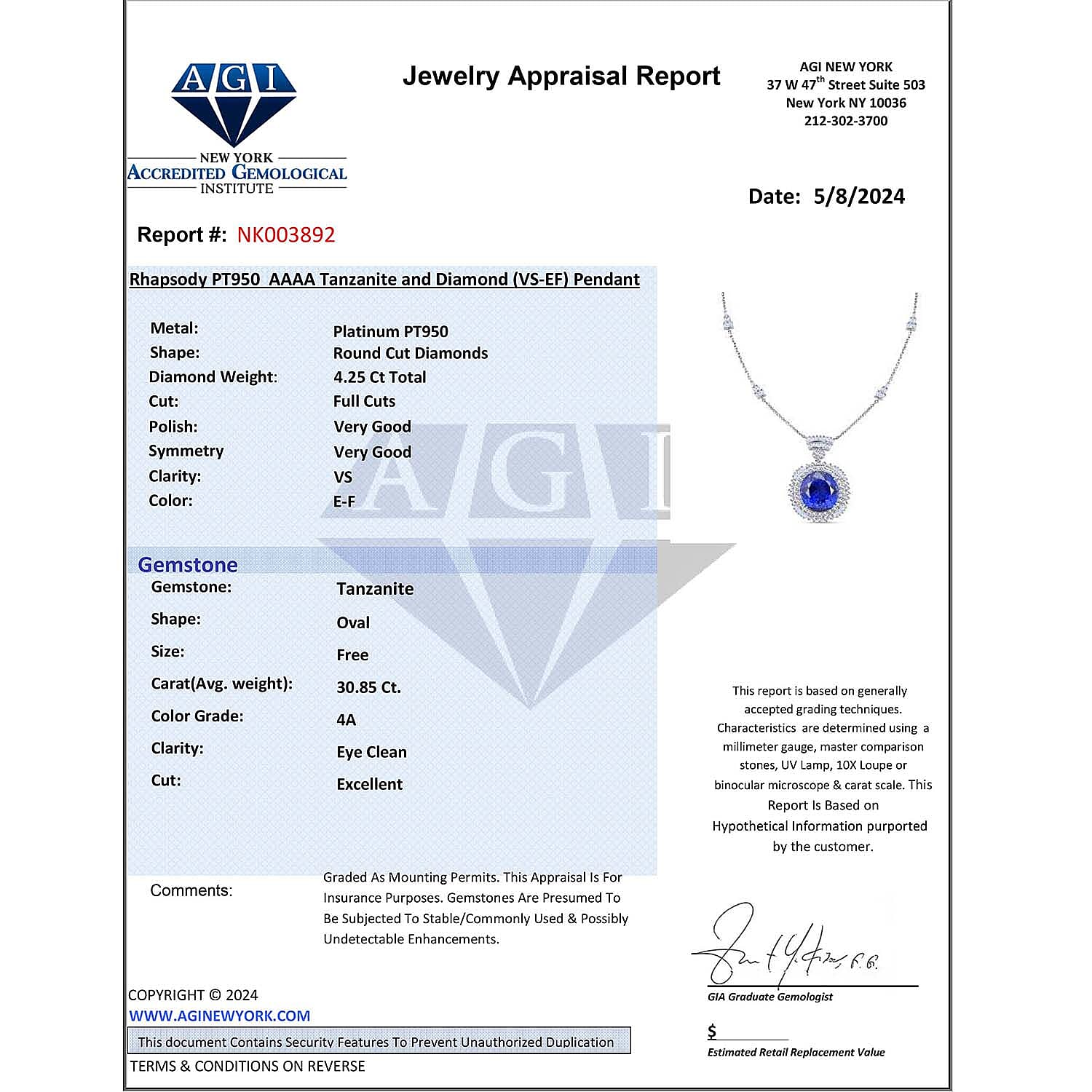 Certified and Appraised RHAPSODY 950 Platinum AAAA Tanzanite, Diamond Necklace 18 Inches 35.06 ct.