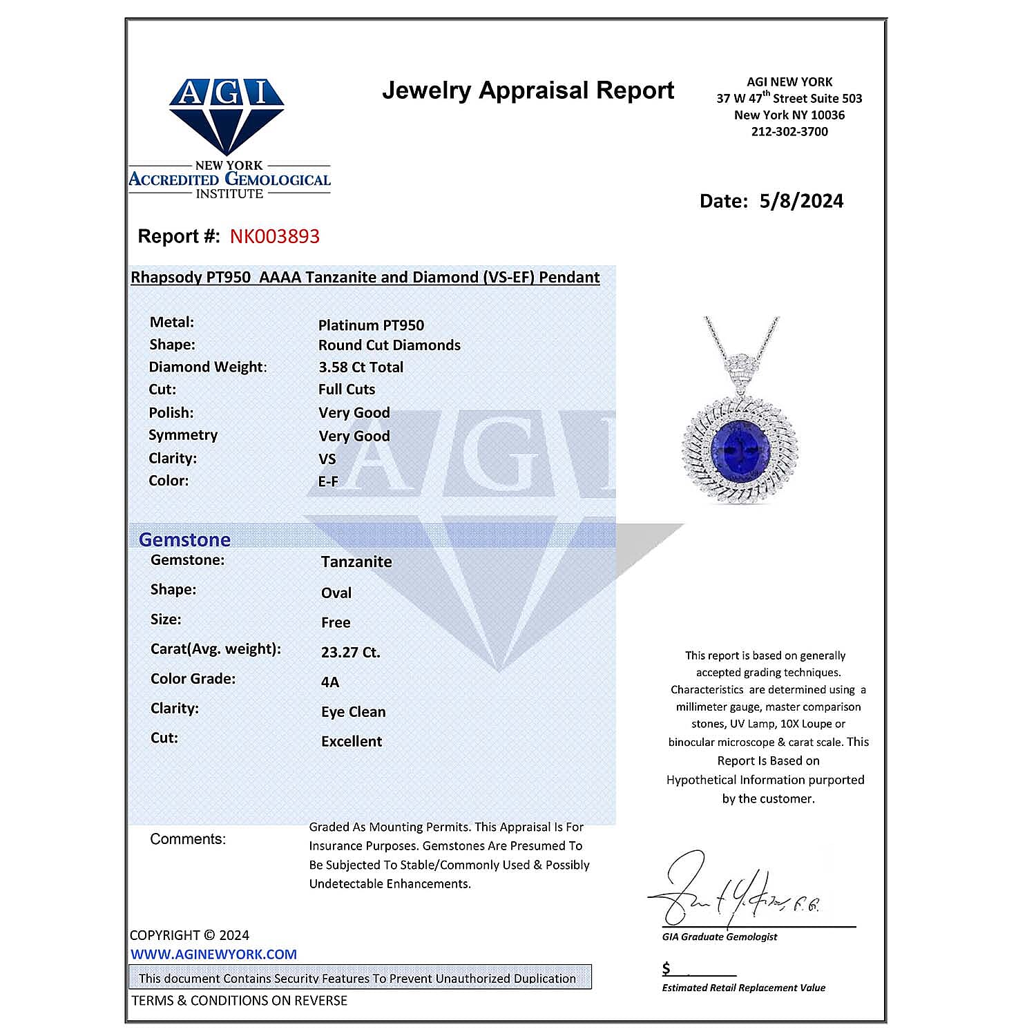 Certified and Appraised RHAPSODY 950 Platinum AAAA Tanzanite, Diamond Necklace 18 Inches 26.84 ct.