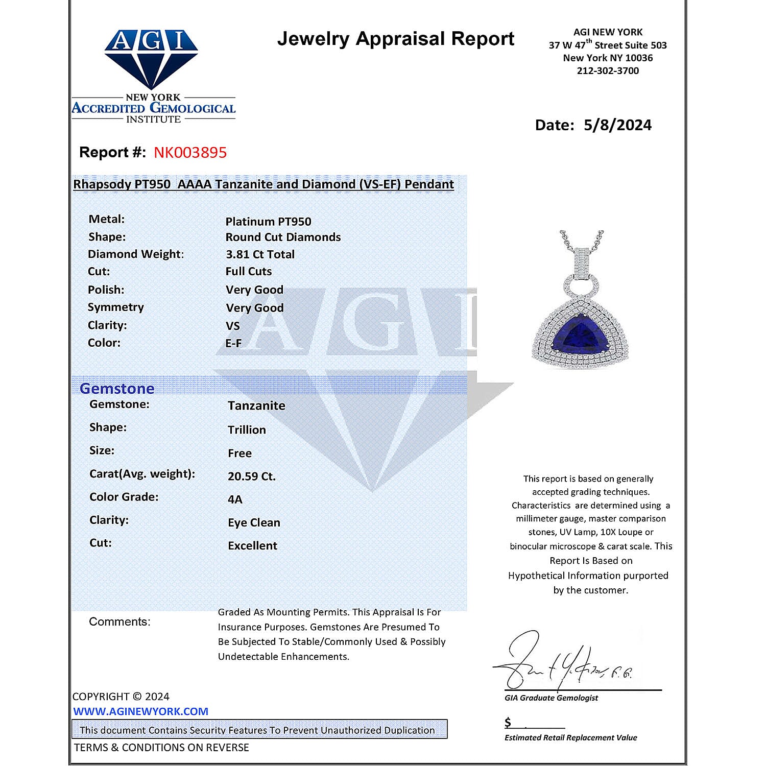 Certified and Appraised RHAPSODY 950 Platinum AAAA Tanzanite, Diamond Necklace 18 Inches 24.39 ct.