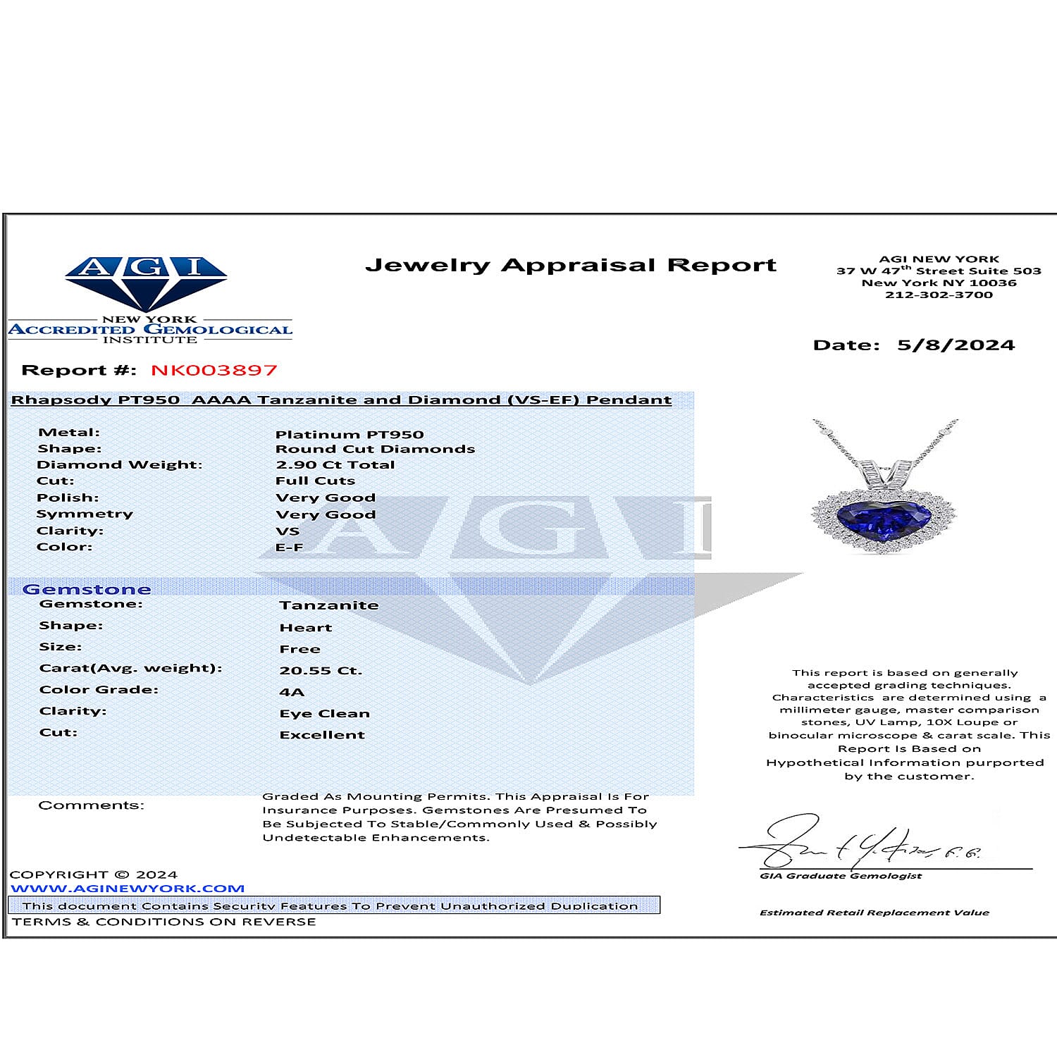 Certified and Appraised RHAPSODY 950 Platinum AAAA Tanzanite, Diamond Heart Necklace 23.45 Ct