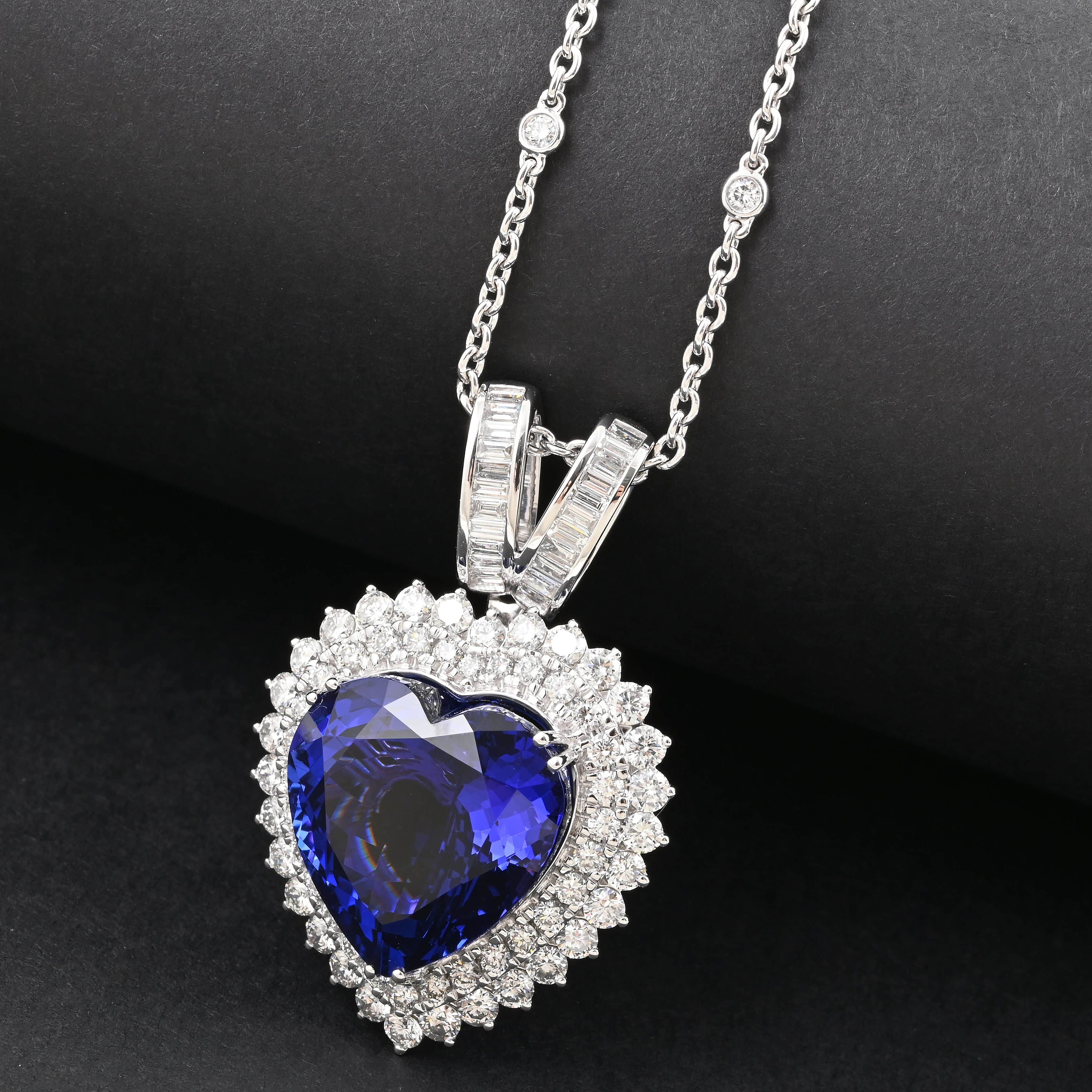 Certified and Appraised RHAPSODY 950 Platinum AAAA Tanzanite, Diamond Heart Necklace 23.45 Ct