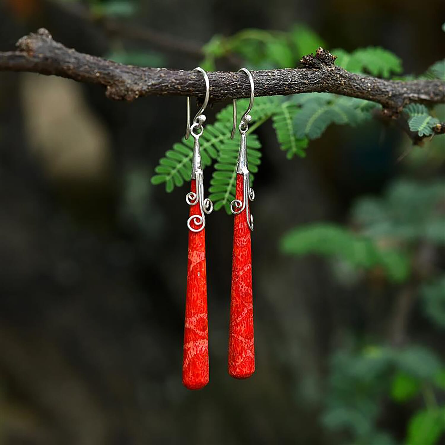 Red Coral Earring with Hook Sterling Silver