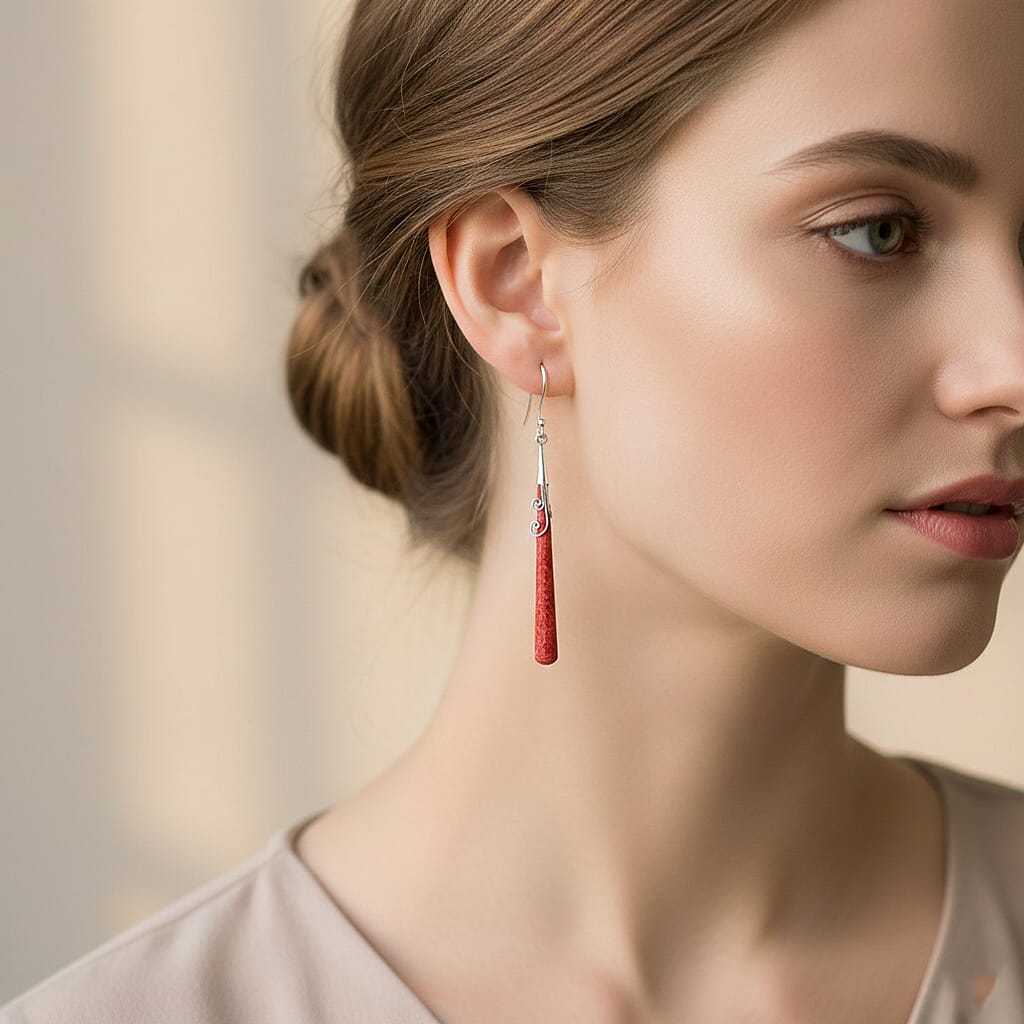 Red Coral Earring with Hook Sterling Silver