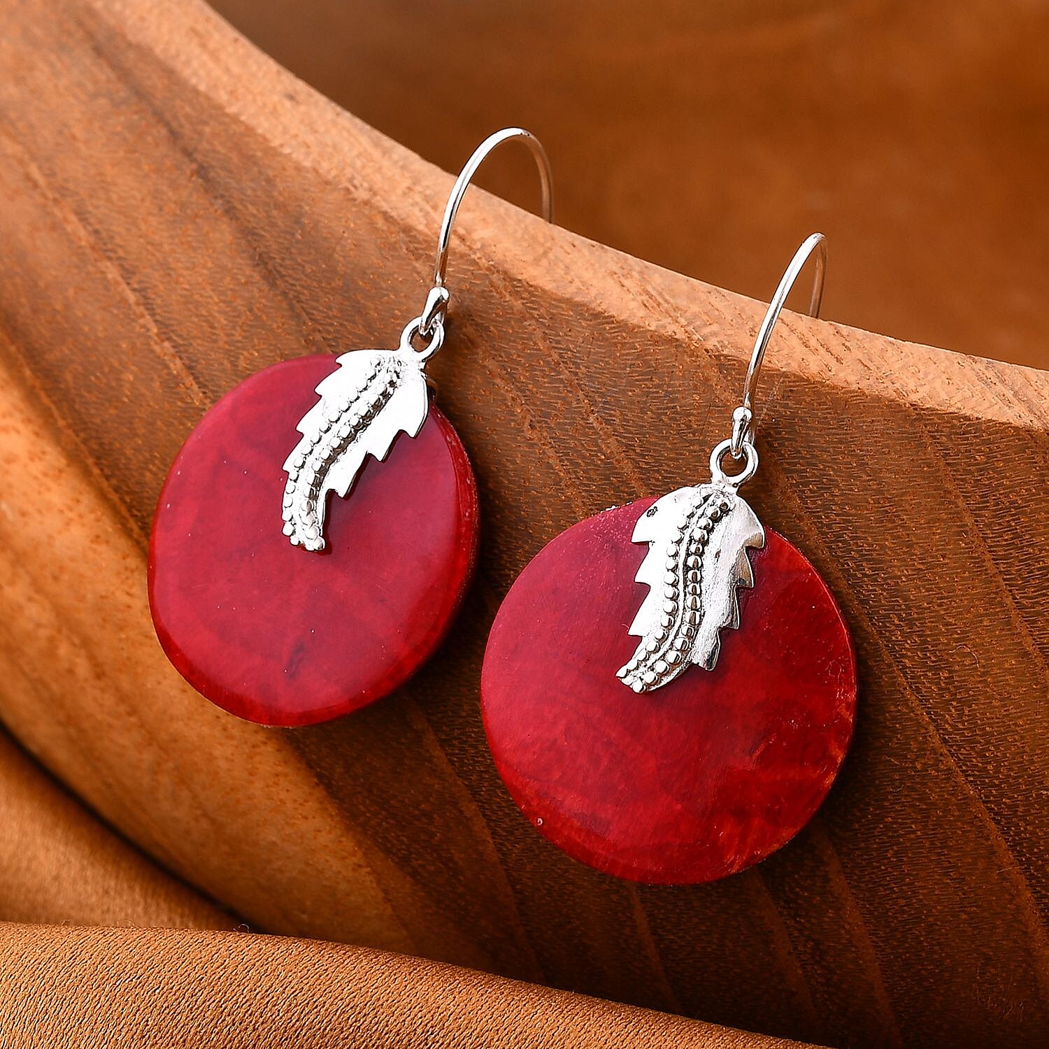 Red Coral Hook Earring in Sterling Silver