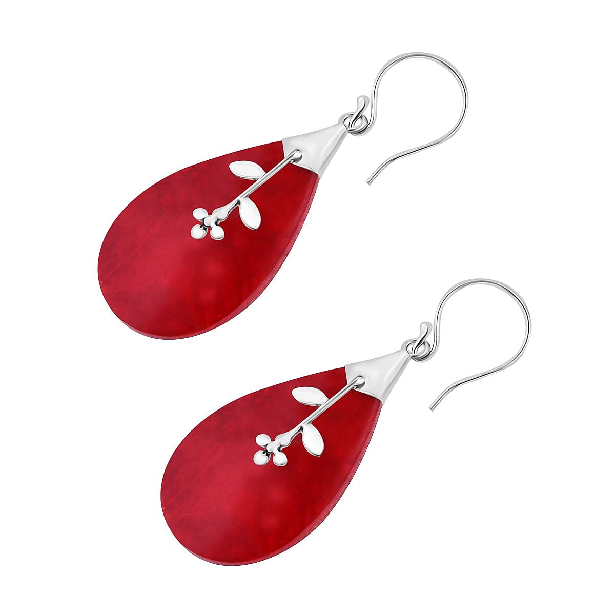 Red Coral Sterling Silver Floral Drop Earring with J Hook