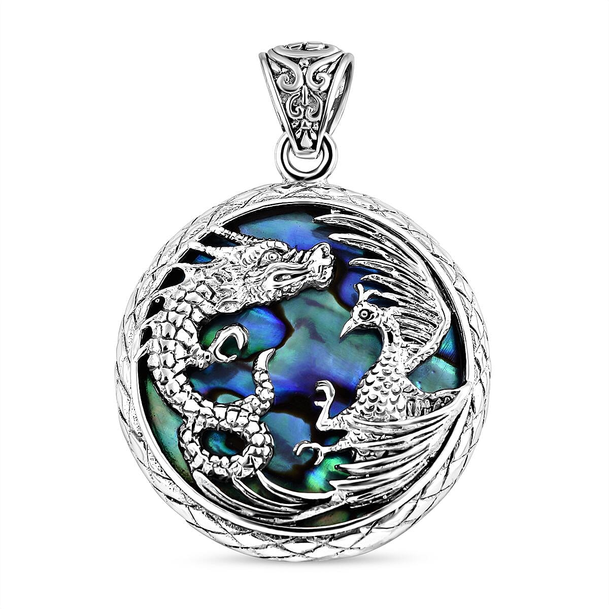Royal Bali Collection- Garuda and Naga Abalone Shell Handmade  Pendant in Sterling Silver