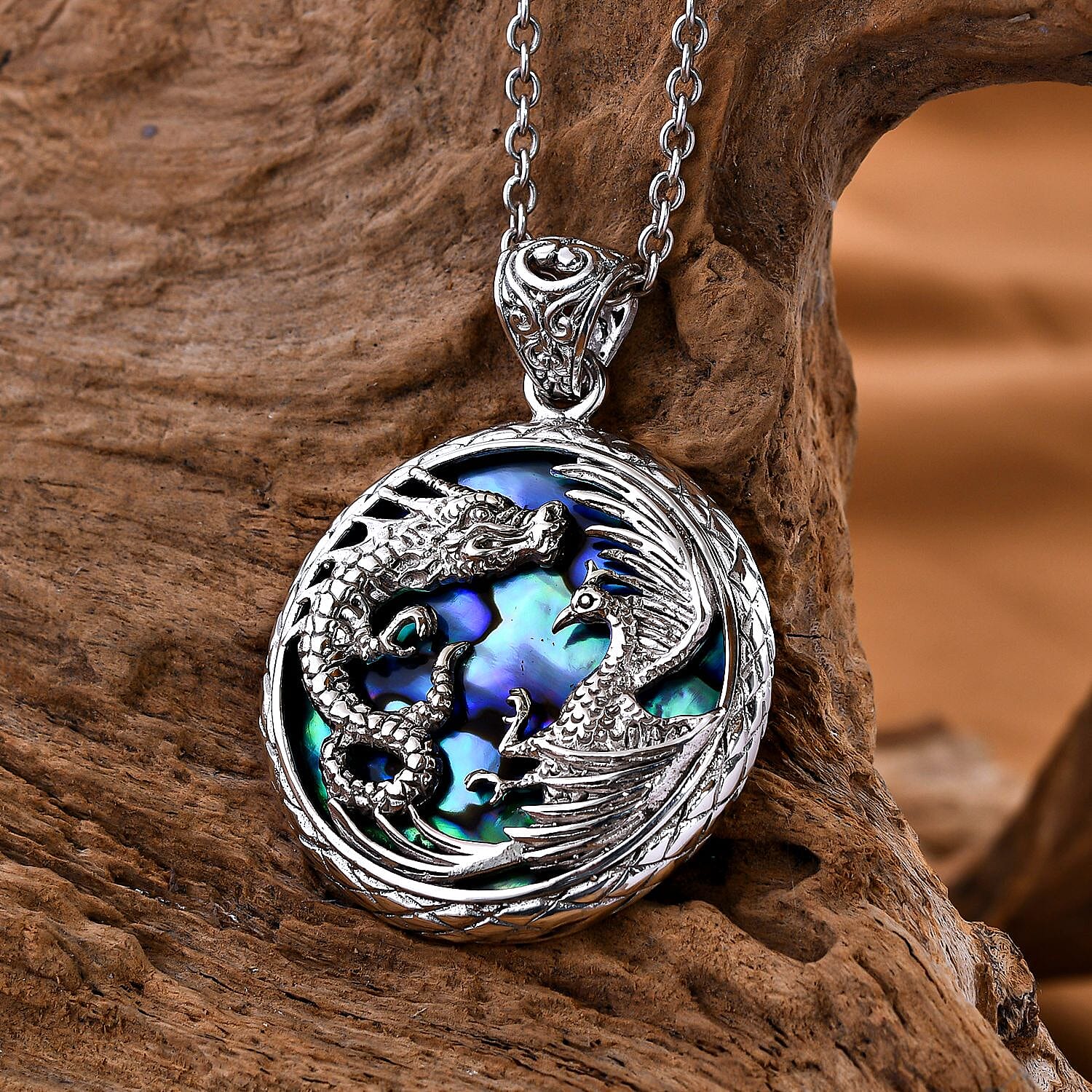 Royal Bali Collection- Garuda and Naga Abalone Shell Handmade  Pendant in Sterling Silver