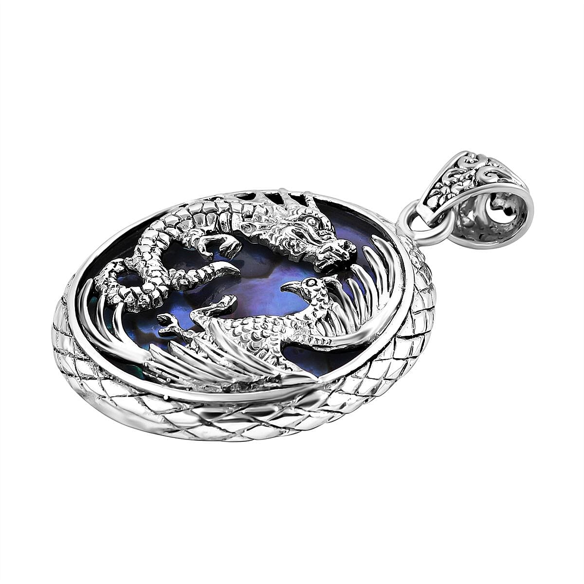 Royal Bali Collection- Garuda and Naga Abalone Shell Handmade  Pendant in Sterling Silver