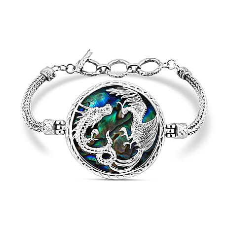 Royal Bali Collection- Garuda and Naga Abalone Shell Handmade Sterling Silver Bracelet (Size 8) with T-Bar Clasp Silver Wt. 24.35 gms