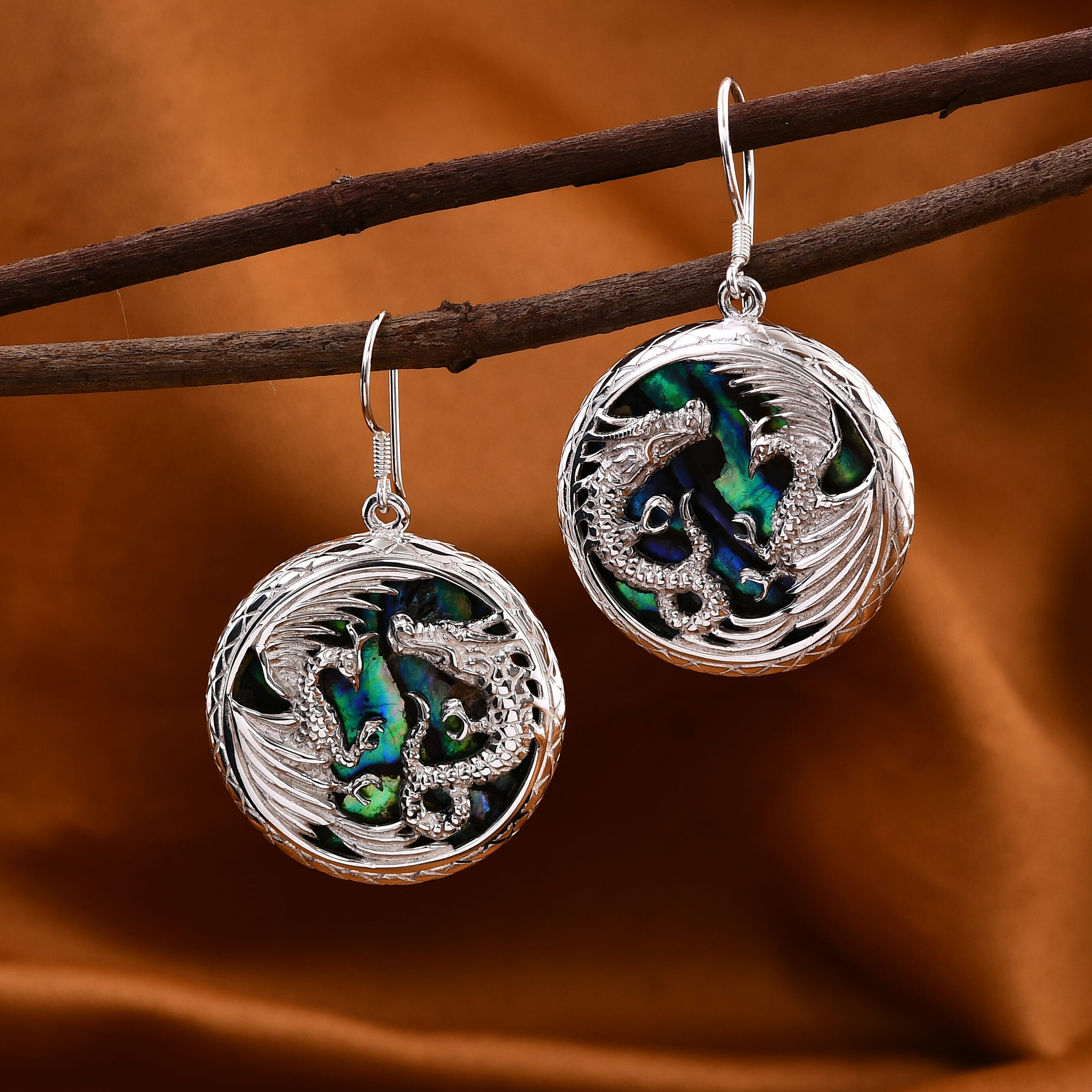 Artisan-crafted Collection- Garuda and Naga Abalone Shell Handmade Earring in Sterling Silver