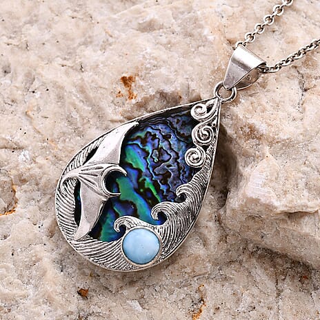 Royal Bali Collection - Abalone Shell,Larimar Pendant Sterling Silver 11.57 Ct
