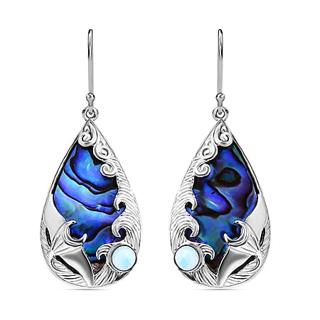 Abalone Shell, Larimar Sealife Earrings in Sterling Silver 10.70 Ct