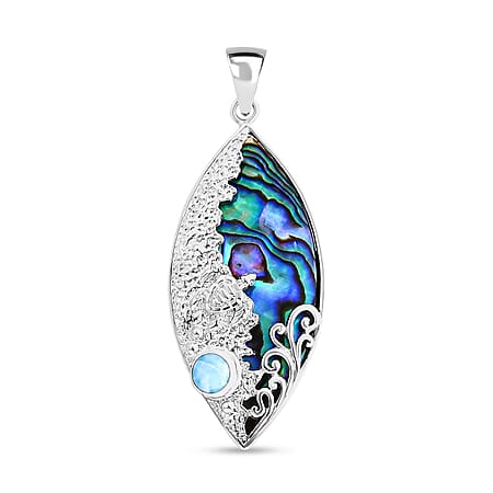 Abalone Shell, Larimar Fish Pendant in Sterling Silver 9.04 Ct