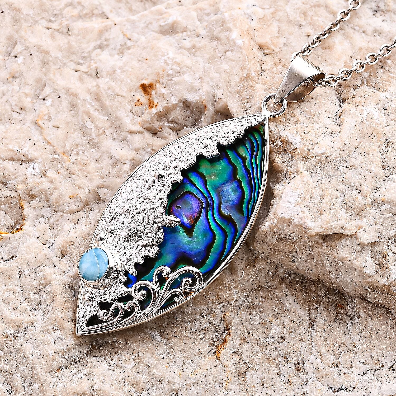 Abalone Shell & Larimar Pendant in Sterling Silver 9.04 Ct.
