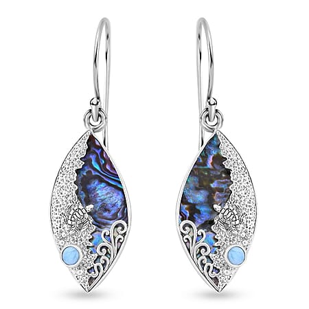 Abalone Shell, Larimar Fish Earrings in Sterling Silver 9.72 ct