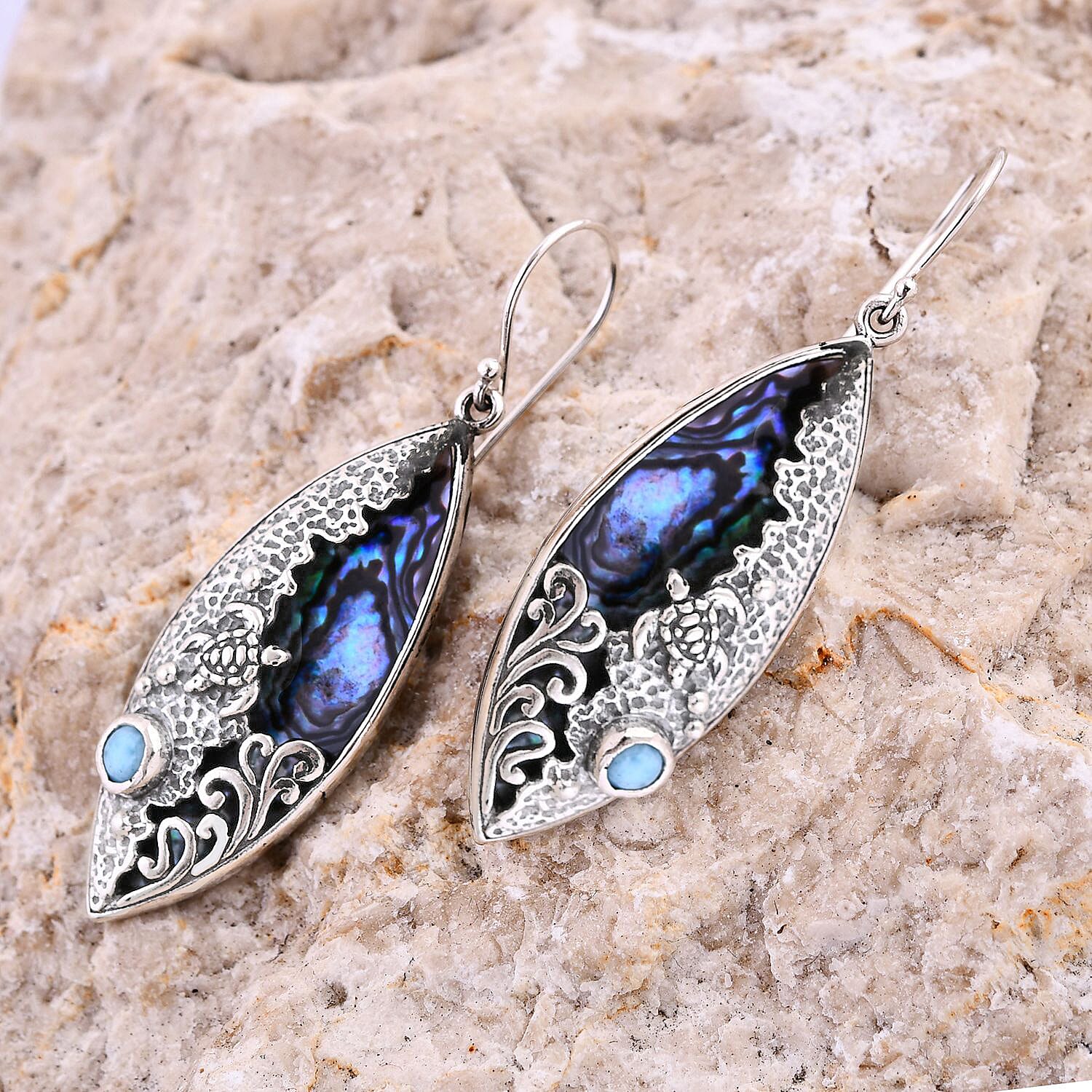 Royal Bali Collection - Abalone Shell,Larimar Hook Earring Sterling Silver 9.72 ct