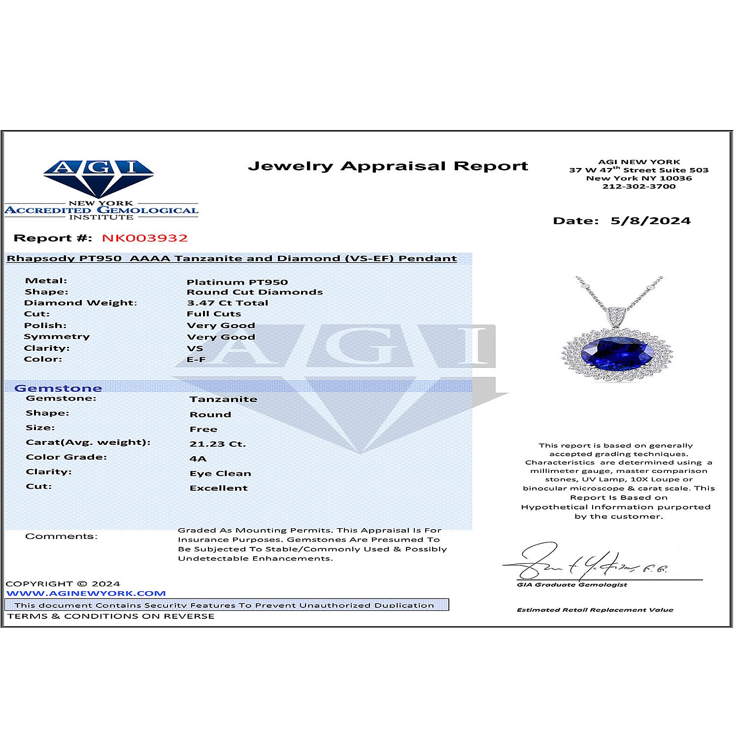 Certified and Appraised RHAPSODY 950 Platinum AAAA Tanzanite, Diamond Necklace 18 Inches 24.70 Ct