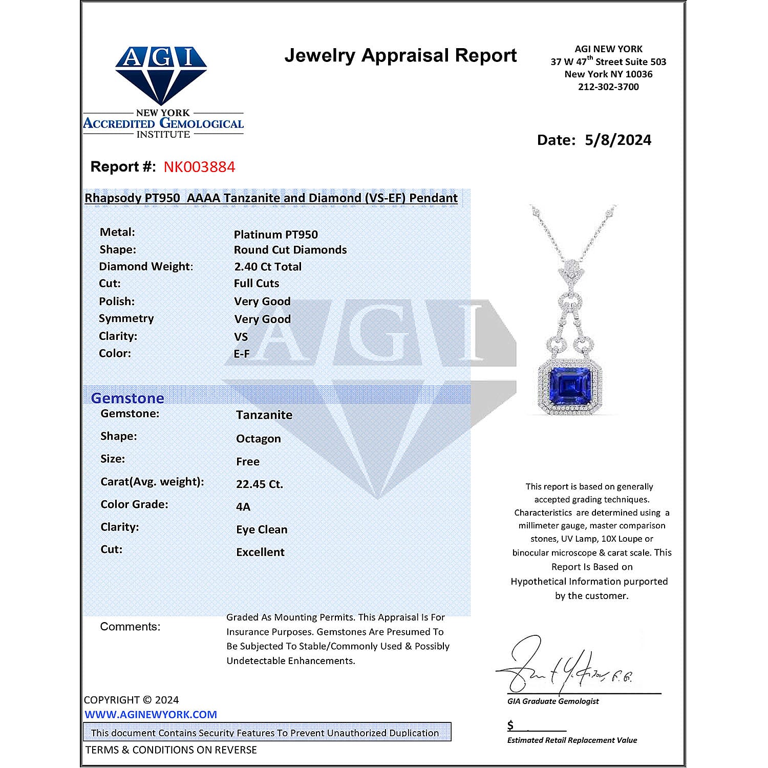 Certified and Appraised RHAPSODY 950 Platinum AAAA Tanzanite, Diamond Necklace 18 Inches 24.85 ct.