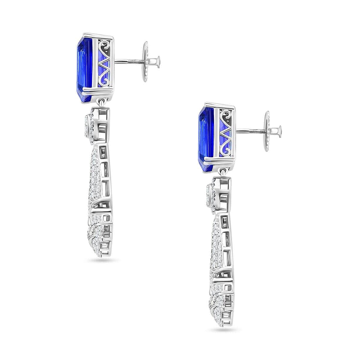 Certified and Appraised RHAPSODY 950 Platinum AAAA Tanzanite, Diamond Dangle Earrings 25.47 ct.