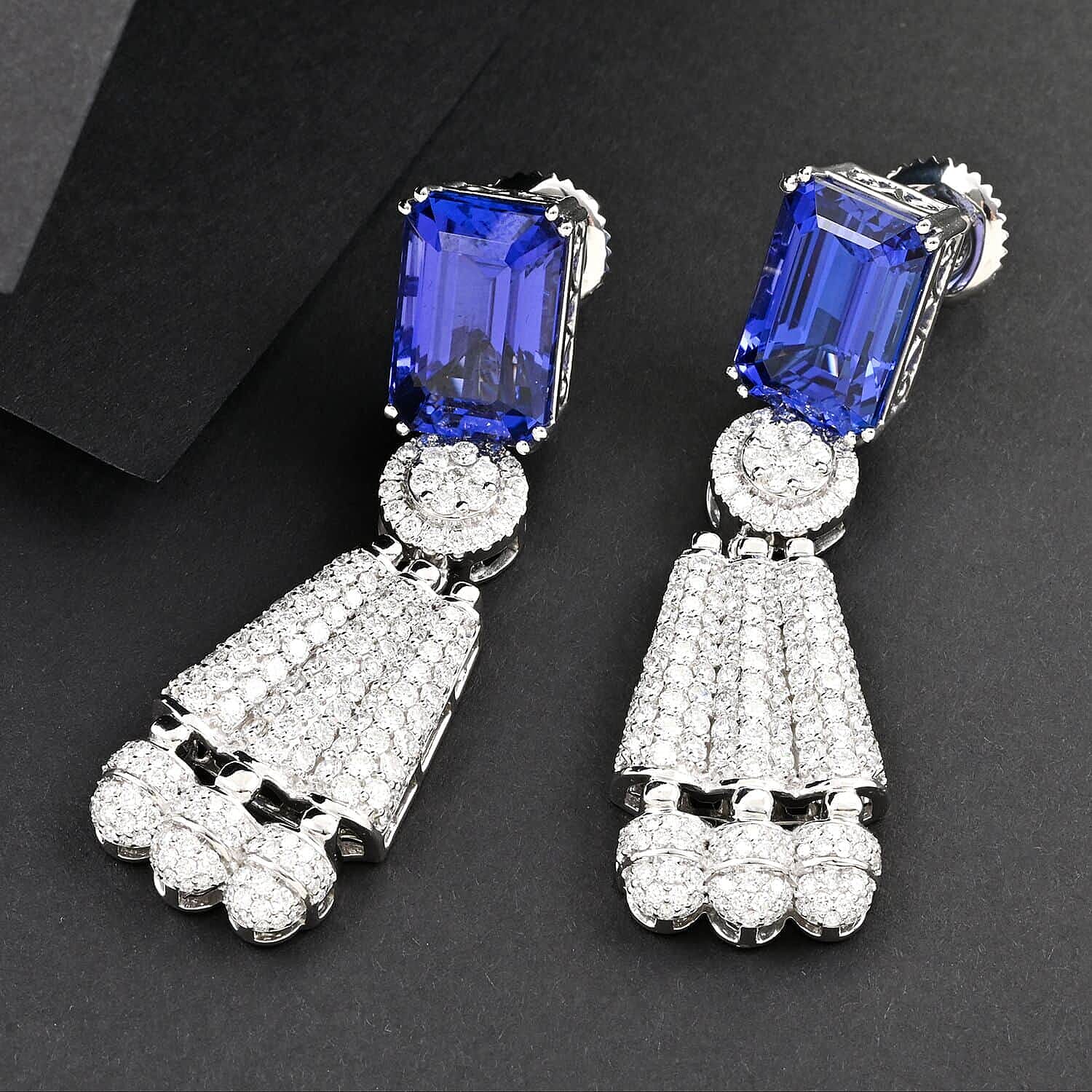 Certified and Appraised RHAPSODY 950 Platinum AAAA Tanzanite, Diamond Dangle Earrings 25.47 ct.