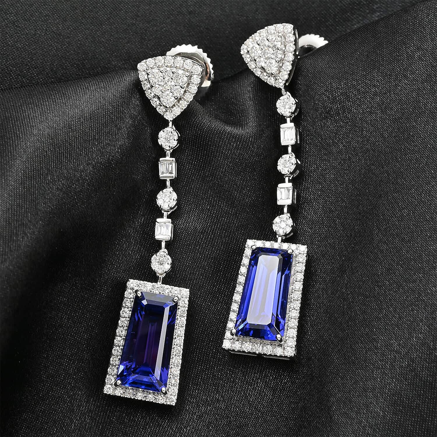 Certified and Appraised RHAPSODY 950 Platinum AAAA Tanzanite and Diamond Dangle Earrings 16.05 ct.