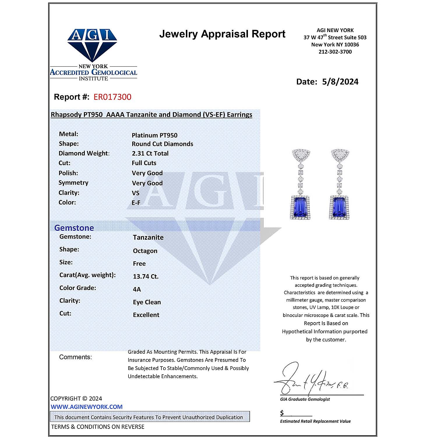 Certified and Appraised RHAPSODY 950 Platinum AAAA Tanzanite and Diamond Dangle Earrings 16.05 ct.